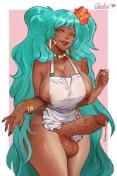 1futa apron_only balls brazil brazilian brazilian_futa brazilian_miku cum cum_drip cyan_hair erection flower_on_head futa_only futanari green_fingernails hatsune_miku penis qaitoi solo tagme tan tan_body tan_skin twintails vocaloid