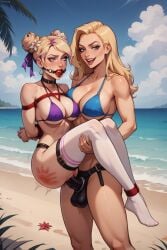 ai_generated angry_sub arms_behind_back arms_tied ball_gag beach bikini birdawg16 blonde_hair blonde_hair_female bondage dominant_female fun_fucking_in_the_sun legs_tied lezdom lezsub outdoors princess_carry public shibari spank_marks strap-on strapon submissive_female thighhighs tied_up two_tone_hair yuri