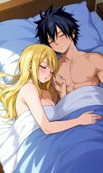 black_haor blonde_hair fairy_tail gray_fullbuster lucy_heartfilia married_couple pixai sleeping_together wedding_ring