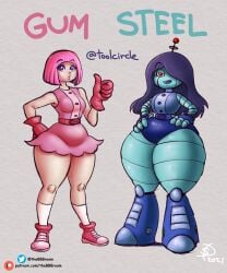 2girls antennae belly belt breasts chubby chubby_female fat female female_focus female_only gloves gum_(tool_circle) hands_on_hips hips large_breasts metallic metallic_body metallic_skin pink_hair purple_eyes purple_hair red_eyes robot robot_girl robot_humanoid skirt sneakers steel_(tool_circle) stomach thebbbroom thejuicystufff thick_thighs thighs thumbs_up wide_hips