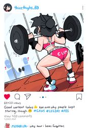 ass black_eyes black_hair english_text female lucia_(scott_malin) scott_malin short_hair sneakers socks sweat tagme text the_panty_bear thighs weightlifting weights workout workout_clothes