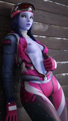 1girls 3d alternate_version_available blizzard_entertainment blue_body blue_hair blue_skin cheerax clothed clothing cold fanart female female_only leaning leaning_back long_hair medium_breasts open_shirt overwatch slushe_(website) snow snowing solo solo_female standing widowmaker winter