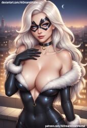 ai_generated aidreamcrush black_cat_(marvel) bodysuit breasts choker cleavage collar eyelashes eyes felicia_hardy fur gloves hair marvel marvel_comics night seductive smile spider-man_(series)