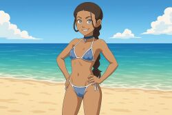 1girls ai_generated avatar_the_last_airbender beach bikini blue_bikini braid cleavage cleft_of_venus clouds female female_only hands_on_hips katara necklace ocean small_breasts smile solo