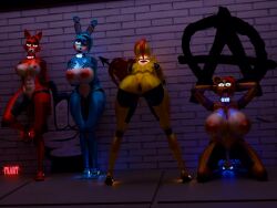 3d_(artwork) 4k animatronic anus ass bent_over big_breasts big_butt blender_cycles bondage bonnie_(fnaf) breasts chica_(fnaf) collar digital_media_(artwork) female female/female five_nights_at_freddy&#039;s foxy_(fnaf) freddy_(fnaf) freekiller glowing glowing_body_parts glowing_eyes graffiti group hand_on_breast hands_behind_back hands_behind_head hands_on_wall hi_res huge_breasts huge_butt kneeling leaning_on_wall legs_together looking_at_viewer machine metallic_body nipples one_eye_closed open_mouth prostitution robot scottgames seductive spread_legs spreading standing wall_(structure)