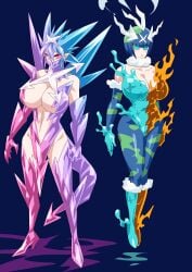 2girls _hair_ornament arm_warmers armour armwear arrow_(symbol) big_breasts blue_background blue_bodysuit blue_eyes blue_hair blue_leotard bob_cut bodysuit boots breasts clouds covered_breasts crystal crystal_tail curvy dragon dragon_girl dragonalos elemental fire fluff fluffy gaiard genderbent genderswap genderswap_(mtf) high_heels jagged_tail kamen_rider kamen_rider_gotchard_(series) leotard levitation long_hair mask masked otokam1117 pattern_clothing pattern_legwear pattern_stockings pink_eyes pose posing pout pouting pouty rule_63 short_hair simple_background spikes spiky spiky_hair standing tail tall tall_girl thigh_highs thighhighs voluptuous water