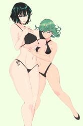 2girls absurd_res big_breasts bikini breasts eye_contact female female_only fubuki_(one-punch_man) green_eyes green_hair high_heels high_resolution looking_at_viewer one-punch_man short_hair sisters size_difference small_breasts smaller_female sombra222 standing tatsumaki thick_thighs yuri