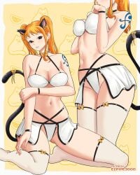 1girls bow_choker bra breasts brown_eyes cat_ears cat_tail choker cleavage elpipe3000 fake_animal_ears fake_tail female female_only fully_clothed large_breasts looking_at_viewer midriff nami nami_(one_piece) navel one_piece orange_hair panties revealing_clothes showgirl_skirt skimpy_clothes skirt stockings tattoo tattooed_arm thighhighs twintails white_bra white_panties white_shirt