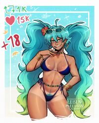 1girls ahoge beads bikini blue_hair brazil brazilian brazilian_female brazilian_miku breasts cleavage female female_only grin hatsune_miku leisen_mellow navel pubic_hair skimpy solo sunglasses sunglasses_on_head swimsuit tanned twintails vocaloid waist_beads wide_hips