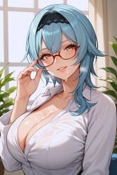 after_fellatio ai_generated blush breasts cum cum_on_breasts cum_on_face eula_(genshin_impact) genshin_impact glasses heavy_breathing huge_breasts office office_clothing office_lady shiny_skin smile sweat unbuttoned_shirt upper_body