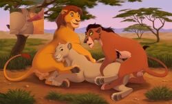 balls detailed_background disney felid female feral feral_on_feral fur genitals group lion male male/female male_villain mammal mufasa nature outside pantherine penis plant reallynxgirl sarabi scar_(the_lion_king) the_lion_king tree trio