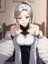 1girls ai_generated bed bedroom clothed collarbone detached_sleeves happy ilya_lindsay jellyray light_blush long_hair looking_at_viewer purple_eyes reformation_of_the_deadbeat_noble smile solo solo_focus webtoon white_hair