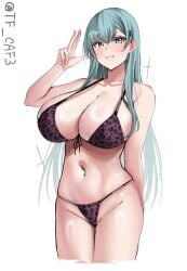 1girls absurdres alternate_costume animal_print aqua_eyes aqua_hair bikini blush breasts collarbone commentary_request cowboy_shot female hair_ornament hairclip highres huge_breasts kantai_collection large_breasts leopard_print leopard_print_bikini long_hair looking_at_viewer purple_bikini solo suzuya_(kantai_collection) swimsuit tf_cafe twitter_username