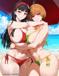 2girls ai_generated alternate_breast_size amagi_yukiko atlus black_hair breasts brown_skin female huge_breasts large_breasts long_hair lucyla persona persona_4 satonaka_chie short_hair thick_thighs wide_hips