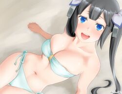 1girls bandeau bandeau_bikini big_breasts bikini black_hair blue_eyes dungeon_ni_deai_wo_motomeru_no_wa_machigatteiru_darou_ka female hestia_(danmachi) smile tagme twintails