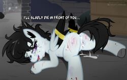 accurate_art_style alley beaten_up black_hair blood colored_sclera dripping_blood dripping_cum ear_fluff earth_pony_colds eye_scar heterochromia implied_rape implied_sex jane_blood my_little_pony my_little_pony oc pegasus pony scars smile text white_body