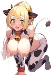 ai_generated all_fours big_breasts blonde_hair blush cow_costume cow_girl green_eyes horns horny lactation lillie_(pokemon) novelai pokemon white_background