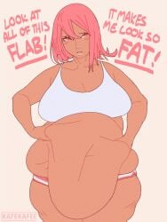 animated animated animated artist_name bbw belly_fat belly_grab belly_overhang blush bouncing_belly cleavage dark-skinned_female dark_skin english_text fat flabby_belly jiggling_belly kafekafei midriff obese obese_female red_hair shorts solo text