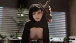 all_fours animal bangs black_hair black_sweater blurry breasts brown_eyes canine closed_mouth female final_fantasy final_fantasy_vii final_fantasy_vii_remake hanging_breasts indoors large_breasts lips long_sleeves looking_at_viewer looking_to_the_side lordswagg666 medium_breasts nipples no_bra nose nude short_hair shrug_(clothing) smile solo sweater tifa_lockhart tongue_out turtleneck window zoophilia