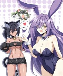 3girls ;d absurdres alice_braidwood animal_ear_fluff animal_ears animal_hands animal_print bandeau bare_shoulders bell black_bandeau black_choker black_hair blue_leotard blush bow bowtie breasts brown_eyes bunny_ears bunny_girl bunnysuit cat_cutout cat_ears cat_girl cat_paws cat_print cat_tail chibi chibi_inset choker cleavage clothing_cutout collar colored_shadow commentary constricted_pupils counter:side crossed_bangs dark-skinned_female dark_skin detached_collar gloves goggles goggles_on_head groin hair_between_eyes hand_up heart highleg highleg_leotard highres jazz9207 judy_(counter:side) justine_(counter:side) large_breasts leotard long_hair lowleg lowleg_shorts micro_shorts mouse_ears multiple_girls navel neck_bell o_o one_eye_closed open_mouth paw_gloves playboy_bunny purple_eyes purple_hair rabbit_ears rabbit_girl shadow shorts sideboob smile speech_bubble spoken_heart stomach strapless strapless_leotard sweat tail tail_bow tail_ornament underboob very_long_hair wavy_mouth white_background white_collar