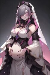 ai_generated briar_(league_of_legends) elf_ears league_of_legends multicolored_hair pregnant purple_eyes tattoos veil wedding_dress wedding_ring white_hair