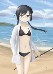 1girls beach bikini black_hair blue_eyes breasts glasses hair_ornament hand_in_pocket lab_coat looking_at_viewer messy_hair navel shijima's_sister shimeji_simulation small_breasts thighs tummy twintails