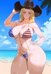 1girls ai_generated blonde_hair blue_eyes blush bra cowboy_hat creamy_ai curvy curvy_figure dead_or_alive fat_ass fat_breasts flag_bikini flag_print light-skinned_female light_skin panties thiccwithaq_(ai_style) tight_clothing tina_armstrong