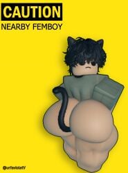 1femboy barefoot big_ass cat_ears cat_tail catboy caution_sign caution_tape femboy roblox roblox_avatar serious_face serious_look shirt shirt_only thighs