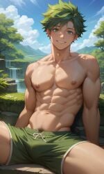 1boy abs ai_generated boku_no_hero_academia civitai deku dvxxxgrai freckles gay green_eyes green_hair izuku_midoriya male male/male male_focus male_only muscular muscular_male my_hero_academia pixai pony_diffusion_xl shirtless shirtless_(male) shorts smile solo solo_focus solo_male tagme topless topless_male yaoi