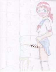 blue_eyes blush censor_bar censored censored_penis locker locker_room looking_at_viewer oc omocommando omorashi pee_in_locker pee_in_public peeing pixiv public public_exposure public_indecency red_hair retracted_foreskin school_uniform schoolgirl sweat urinating_futanari urination urine urine_stream