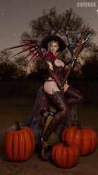 1girls 3d blizzard_entertainment blonde_hair broom cheerax depth_of_field fanart female female_only high_heel_boots high_heels large_breasts mercy night outdoor outdoor_nudity outdoors outside overwatch pumpkin seated sitting slushe_(website) solo solo_female stylized thighhigh_boots thighhighs witch witch_costume witch_hat witch_mercy