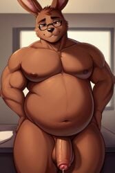 balls big_belly black_glasses brown_body brown_eyes brown_fur chubby_male foreskin hand_on_hips huge_thighs leporid male male_only moobs precum rabbit smirk thick_penis veiny_penis