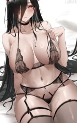 1girls 2022 artist_signature azur_lane black_bra black_hair black_panties blush bra breasts cleavage female female_only friedrich_der_grosse_(azur_lane) garter_straps hair_over_one_eye hi_res hips horns huge_breasts larger_bmx long_hair massive_breasts panties simple_background skindentation slim_waist thick_thighs thigh_strap thighhighs thighs very_high_resolution wide_hips yellow_eyes