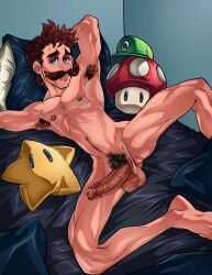 1boy armpit_hair armpits balls ballsack bed blue_eyes body_hair brown_hair chest_hair epastrami erection facial_hair foreskin gay green_hat human indoors large_penis luigi luma male male_nipples male_only mario_(series) moustache mushroom nintendo nipples nude nude_male penis pubic_hair solo solo_male veiny_penis