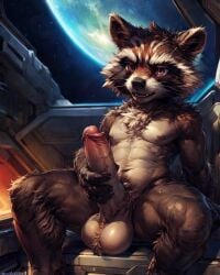 abs ai_generated anthro athletic athletic_male balls big_balls big_penis brown_body brown_fur cheek_tuft chest_tuft erect_penis erection facial_tuft foreskin fur furry furry_only hand_on_penis hi_res inside leaning leaning_back male male_only mammal marvel marvel_comics multicolored_body nipples nude open_mouth penis planet procyonid pubes raccoon red_eyes rocket_raccoon sitting smile solo solo_male space spacecraft spacecraft_interior styx343 tan_body tan_fur tuft two_tone_body vehicle veiny_penis window