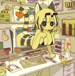 bee_(minecraft) blush bra breasts cat_ears cat_tail catgirl cleavage clothed clothing doremifaso64 furry heart looking_at_viewer minecraft mojang wholesome