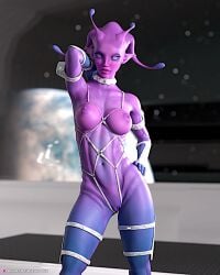 3d alien alien_girl arm_up athletic_female depth_of_field female large_breasts looking_at_viewer nude nude_female purple_skin riskybomber sci-fi science_fiction slushe_(website) solo_female standing