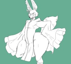 2022 a-side anthro balls big_ass bulge canid canine closed_eyes clothed clothing dragon_ball dragon_ball_super ear_piercing ear_ring femboy fox genitals huge_ass majora_(dragon_ball) male mammal piercing pose smile smirk solo standing thick_thighs