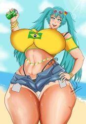 1girls ass big_ass big_breasts big_thighs bikini blush body brazil brazilian brazilian_female brazilian_miku breasts busty cyan_eyes cyan_hair female female_only figure focus hair hatsune_miku hips hourglass huge_ass huge_thighs latin_american_hatsune_miku_(meme) long long_hair looking_at_viewer micro nude nude_female only open_fly open_mouth sex shirt shorts skin solo sweat tan tan_body thick_hips thick_thighs thighs thong twintails vocaloid wide yellow_shirt