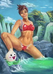 bikini moltenseal_(artist) nature_background overwatch sfw short_hair small_breasts smile spread_legs tan_body tracer video_games wet_body