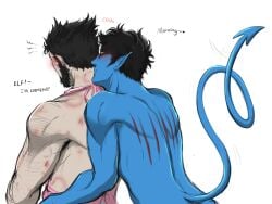 2boys apron arm_hair back baimonbluewhale bite_mark black_hair blue_skin cuts gay hickey kurt_wagner male male_only marvel marvel_comics muscular_male nightcrawler nude wolverine_(x-men) x-men yaoi