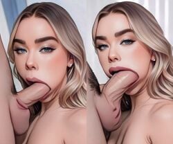 ai_generated ai_reworked blonde_hair blowjob blowjob_face blue_eyes breasts celebcartoonizer celebrity cheek_bulge cock_worship milly_alcock nude