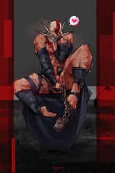 1boy anjinoodles bandage bandaged_arm bandaged_leg bandages black_bandages black_cape blood cape collar cum cum_drip curled_toes darkest_dungeon flagellant_(darkest_dungeon) gay hood hood_up legs_apart legs_spread legs_up mace male male_only muscular muscular_male nude nude_male on_table penetration penis penis_out scar scars sex_toy sex_toy_in_ass sex_toy_insertion white_hood