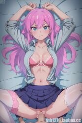 ai_generated angry angry_face bed bedroom belly belly_button blue_eyes blush blush blushing_at_viewer bra breasts breasts female fuufu_ijou_koibito_miman green_eyes hair_between_eyes huge_breasts legs legs_spread looking_at_viewer lying lying_on_back lying_on_bed male missionary_position nude nude_female open_legs penis_in_pussy pink_hair school_uniform sex shirt short_sleeves skirt straight tophentaihaven turquoise_eyes unbuttoned unbuttoned_shirt vaginal_penetration watanabe_akari