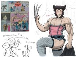 2boys ass baimonbluewhale blush brown_hair bulge claws corset crossdressing deadpool erection_under_clothes fishnets gay hairy large_pectorals marvel marvel_comics muscular_male pectorals short_hair smile thick_thighs thighhighs wolverine_(x-men) x-men yaoi