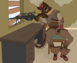 absurd_res addiekilos anthro bethesda_game_studios bodily_fluids canid canine clothing cum erection fallout genital_fluids genitals gun hi_res holding_gun holding_object holding_ranged_weapon holding_weapon male male_focus mammal microsoft ncr_(fallout) night_stalker_(fallout) public ranged_weapon reptile rifle scalie skele_(skelebot) smile snake sniper sniper_rifle solo uniform weapon