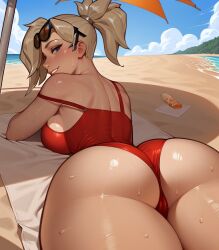 11_22 ai_generated angela_ziegler ass_focus aviator_sunglasses beach blonde_hair blue_eyes blush cameltoe eyewear_on_head eyewear_strap_slip from_behind grin large_ass large_breasts looking_at_viewer looking_back lying_on_stomach mercy ocean one_piece_swimsuit overwatch ponytail seductive_smile side_boob sweat sweaty umbrella