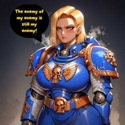 1female 1girls adeptus_astartes ai_assisted ai_generated android_18 big_breasts blonde_hair breasts collaboration crossover dialogue dragon_ball dragon_ball_super dragon_ball_z english_text female female_space_marine huge_breasts imperium_of_man in_heat light-skinned_female light_skin looking_at_viewer monre20 pale-skinned_female pale_skin patreon patreon_username rule_63 space_marine speech_bubble text thick_thighs twitter twitter_username ultramarines warhammer_(franchise) warhammer_40k white_skin