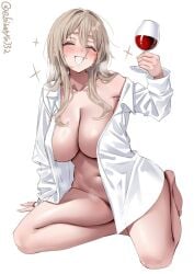 artist_name barefoot blush bottomless breasts closed_eyes collarbone collared_shirt cup dress_shirt drinking_glass ebifurya female grey_hair grin hair_between_eyes hair_intakes hand_up heavy_breathing highres holding holding_cup kantai_collection long_hair long_sleeves naked_shirt navel one-hour_drawing_challenge open_clothes open_shirt pola_(kantai_collection) shirt sidelocks simple_background smile solo sparkle steaming_body thick_eyebrows thighs twitter_username white_background white_shirt wine_glass