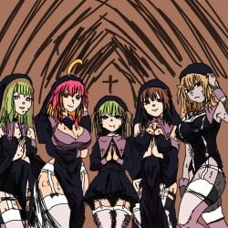 big_breasts blodne_hair brown_eyes brown_hair church cilphie_natsuki cintya_natsuki green_hair millie_botânica_natsuki nun ore_e_mori phaiapuff_natsuki pink_hair shikanoko_nokonoko_koshitantan sukayumi_natsuki thick_thighs thighs